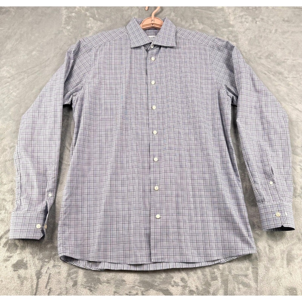 Eton Contemporary Fit Shirt Men's L‎ 16 41 Blue Plaid Button-Up Dress Shirt